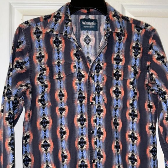 Vintage Wrangler Blue and Orange Casual Button Down Shirt - Picture 1 of 5